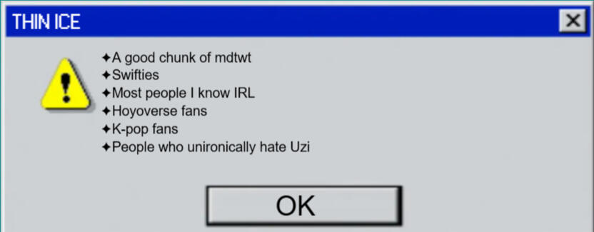 THIN ICE: A good chunk of Murder Drones twitter. Swifties. Most people I know in real life. Hoyoverse fans. K-pop fans. People who unironically hate Uzi.